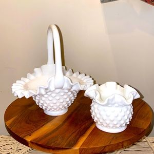 Vintage Fenton milk glass hobnail basket vase euc